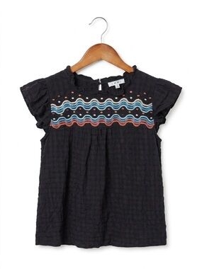 THML Black Smocked Wave Embroidered Flutter Top M
